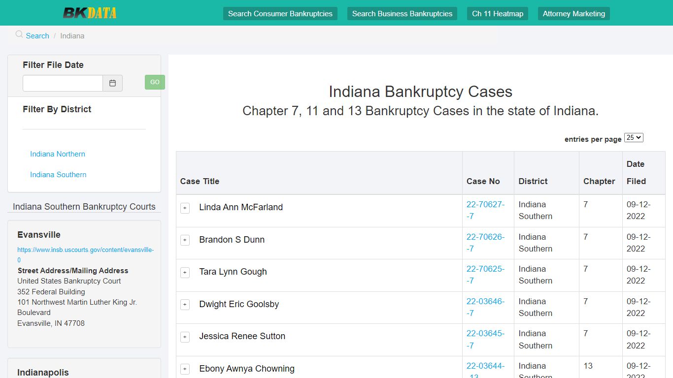 Bankruptcy Filings in Indiana - BK Data: Bankruptcy Database Search